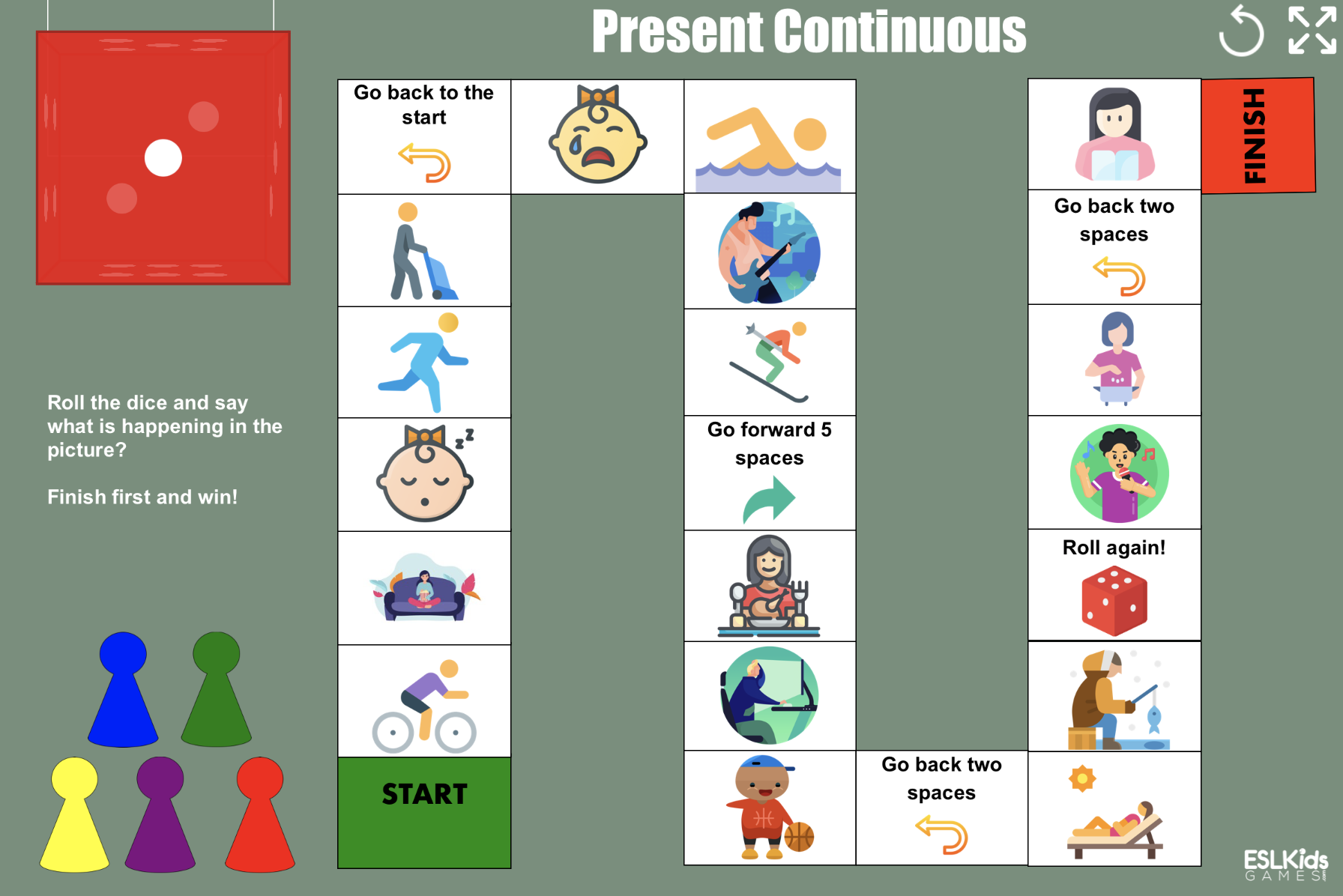 Present Continuous Interactive board game for online and fact to face  classes - ESL Kids Games